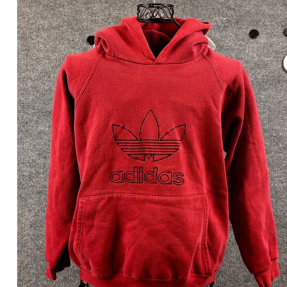 Vintage 90s Adidas Trefoil Hoodie Red Black Embroidered Made In USA Small Rare